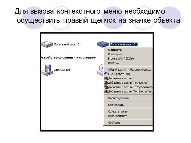 Для вызова контекстного меню необходимо  осуществить правый щелчок на значке объекта